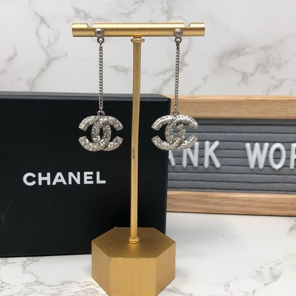 CHANEL Jewelry - Authentic Chanel Dangle CC Rhinestones silver tone earrings